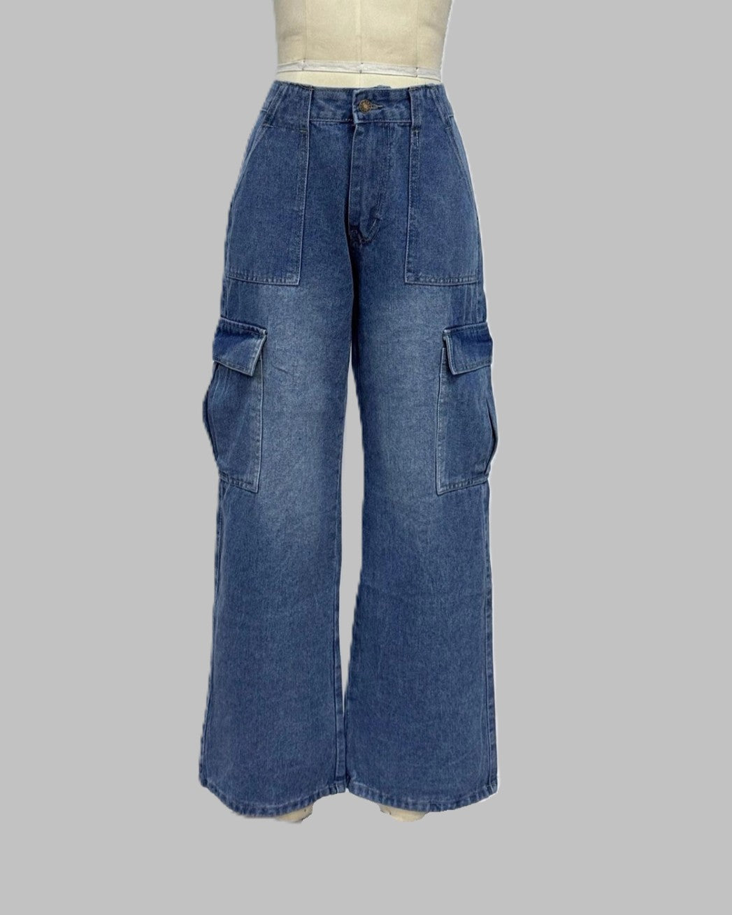 Wide Leg Cargo Jeans With Utility Pockets - Dark-Blue