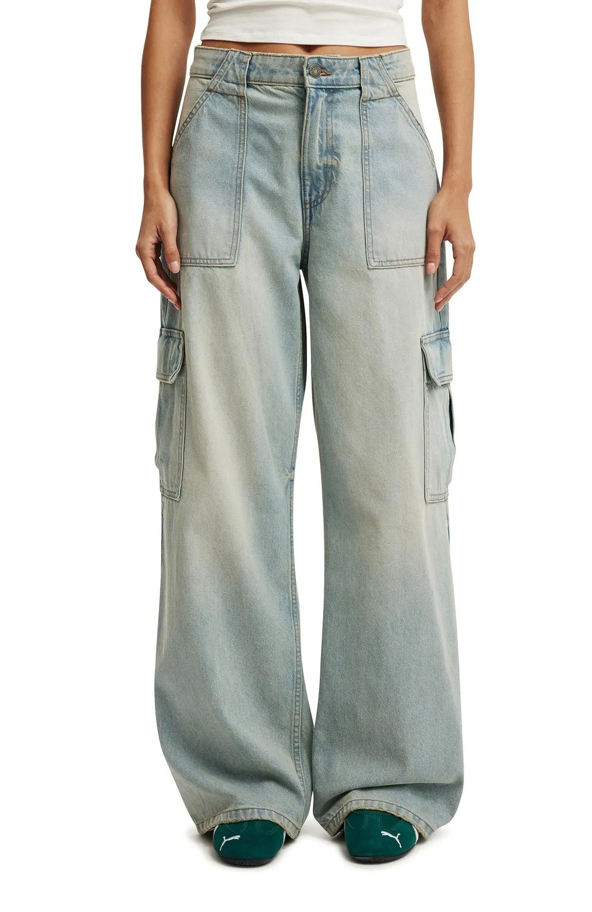 Wide Leg Cargo Jeans With Utility Pockets - Light-Blue - 1