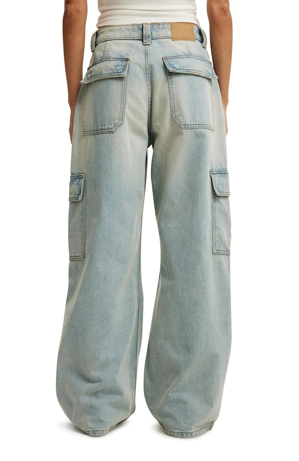 Wide Leg Cargo Jeans With Utility Pockets - Light-Blue - 2