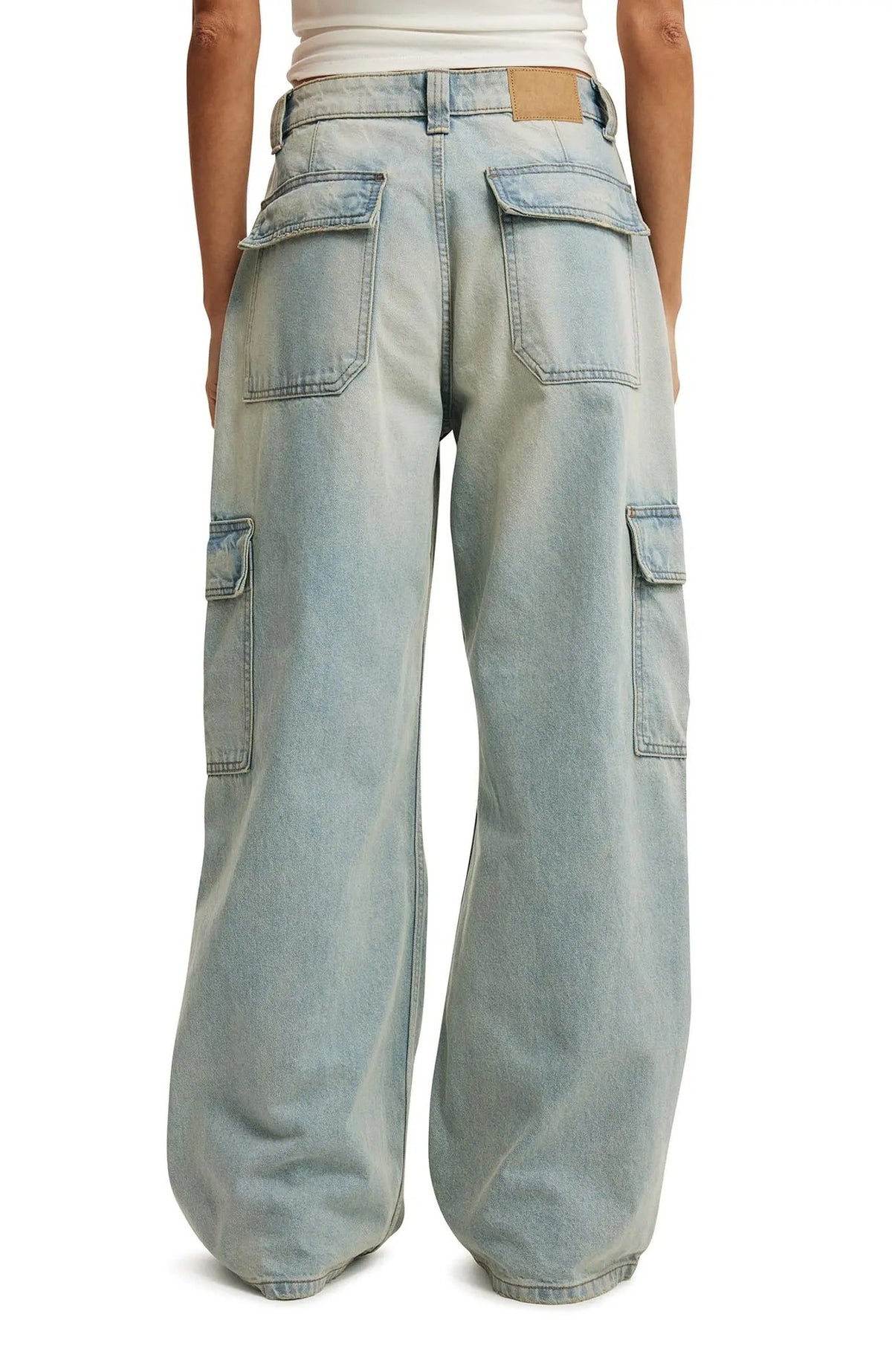 Wide Leg Cargo Jeans With Utility Pockets - Light-Blue - 2