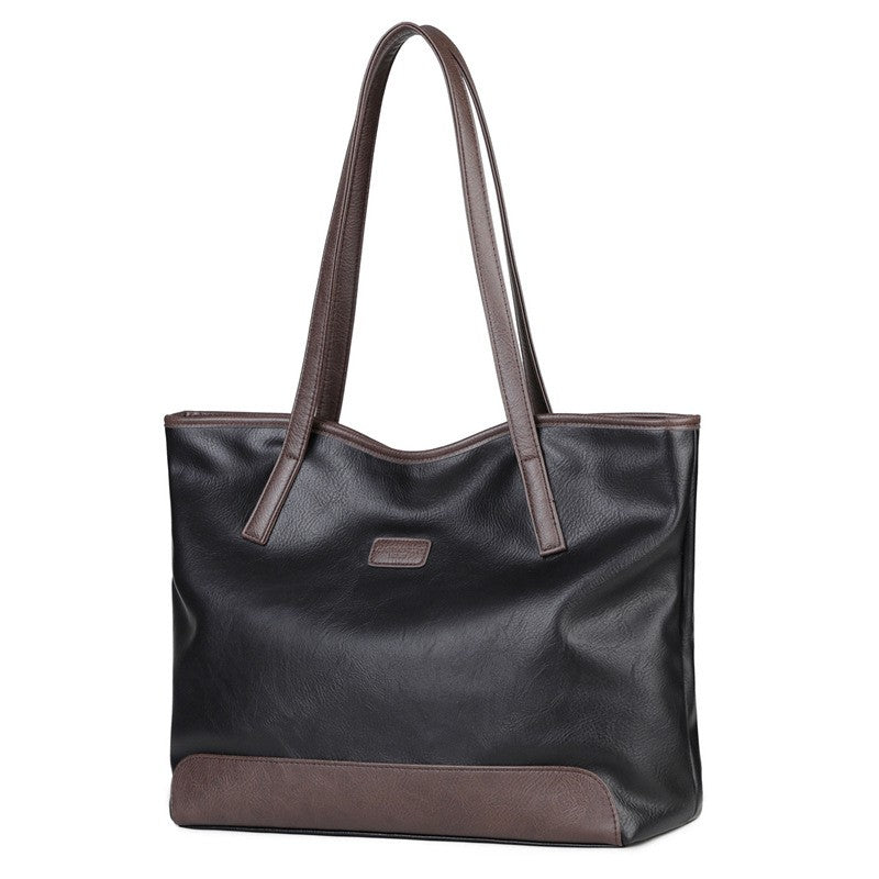 Two Tone Faux Leather Shoulder Tote Bag - Black