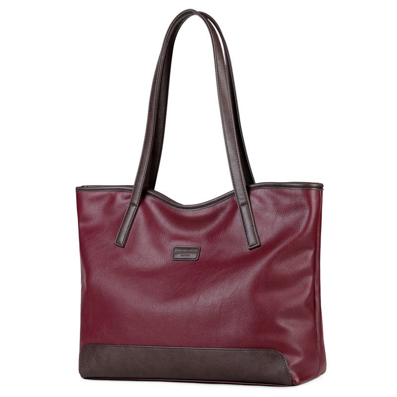 Two Tone Faux Leather Shoulder Tote Bag - Burgundy