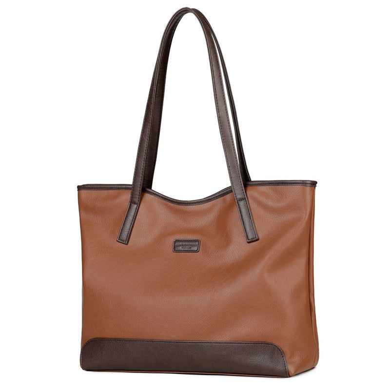 Two Tone Faux Leather Shoulder Tote Bag - Cognac