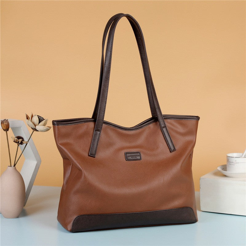 Two Tone Faux Leather Shoulder Tote Bag