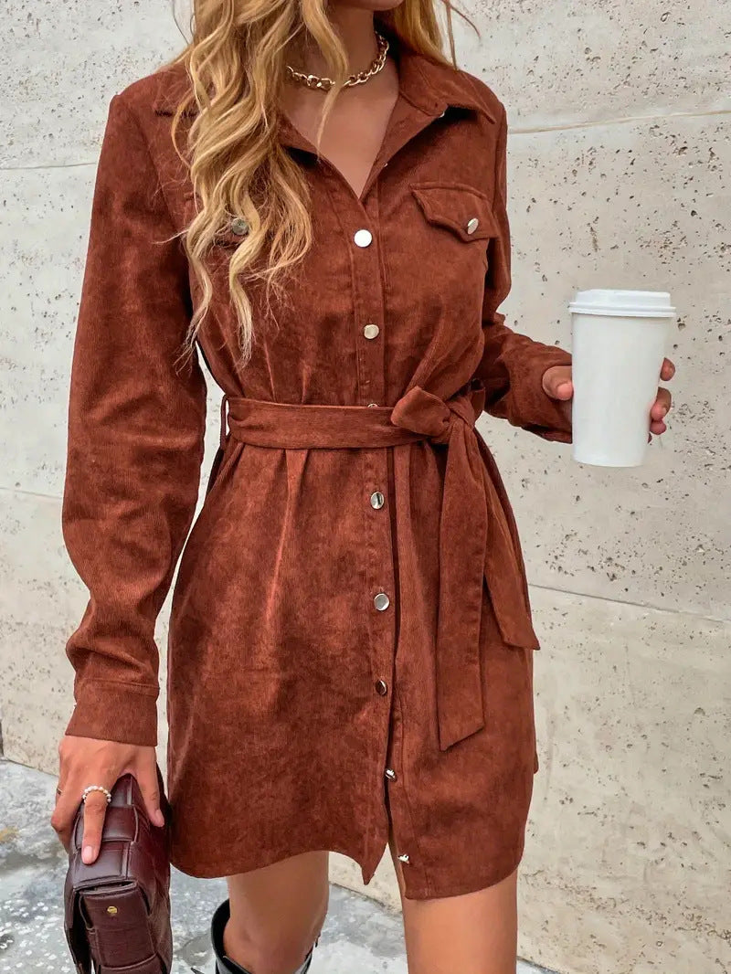 Corduroy Belted Mini Shirt Dress - Brown