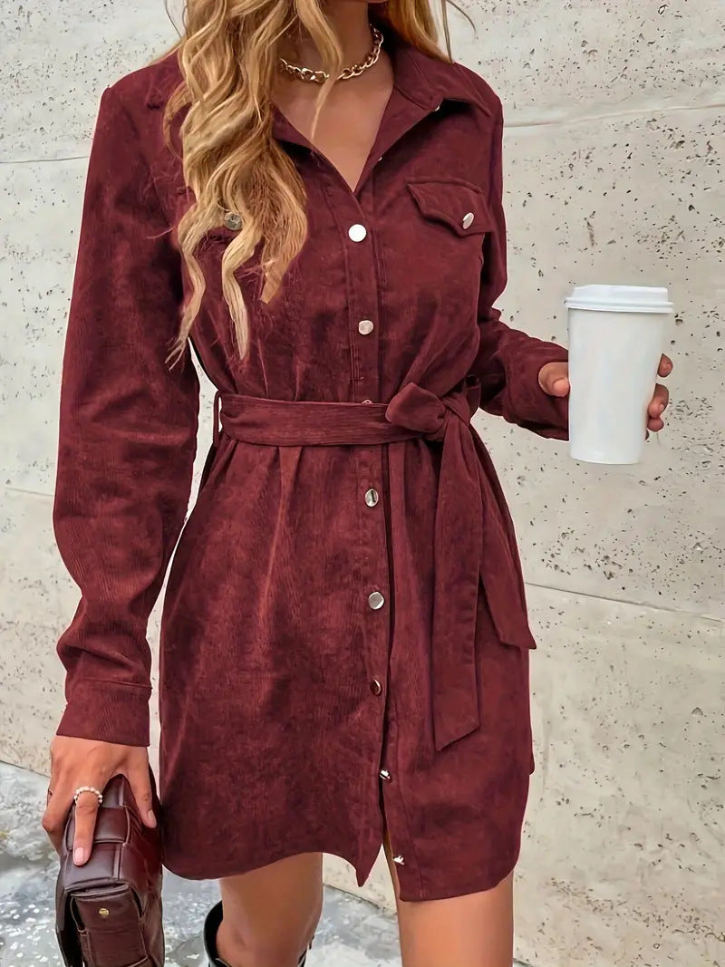 Corduroy Belted Mini Shirt Dress - Red