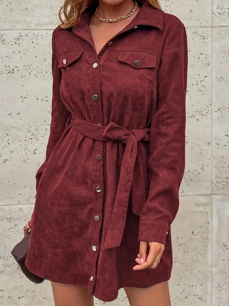 Corduroy Belted Mini Shirt Dress