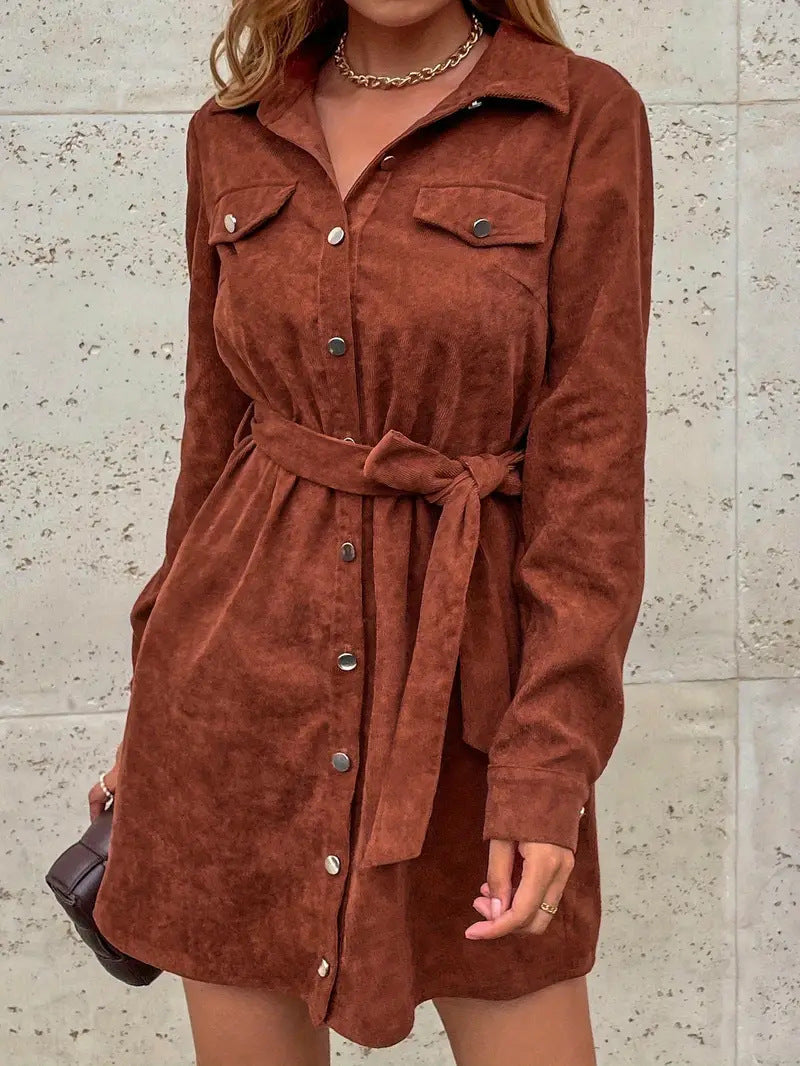 Corduroy Belted Mini Shirt Dress - view 2