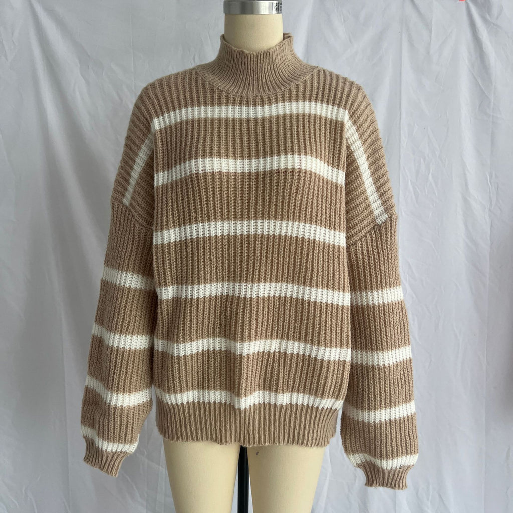 Striped Mock Neck Chunky Knit Sweater - Khaki
