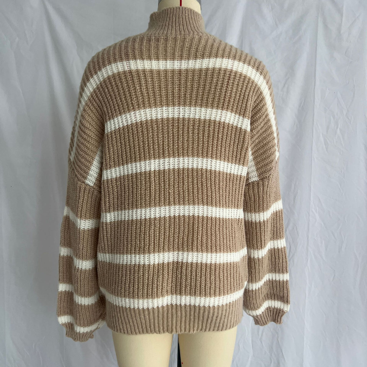 Striped Mock Neck Chunky Knit Sweater - Khaki - 1