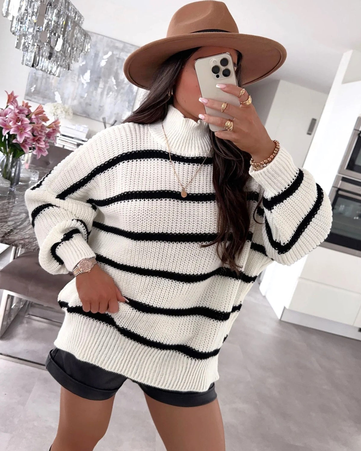 Striped Mock Neck Chunky Knit Sweater - White