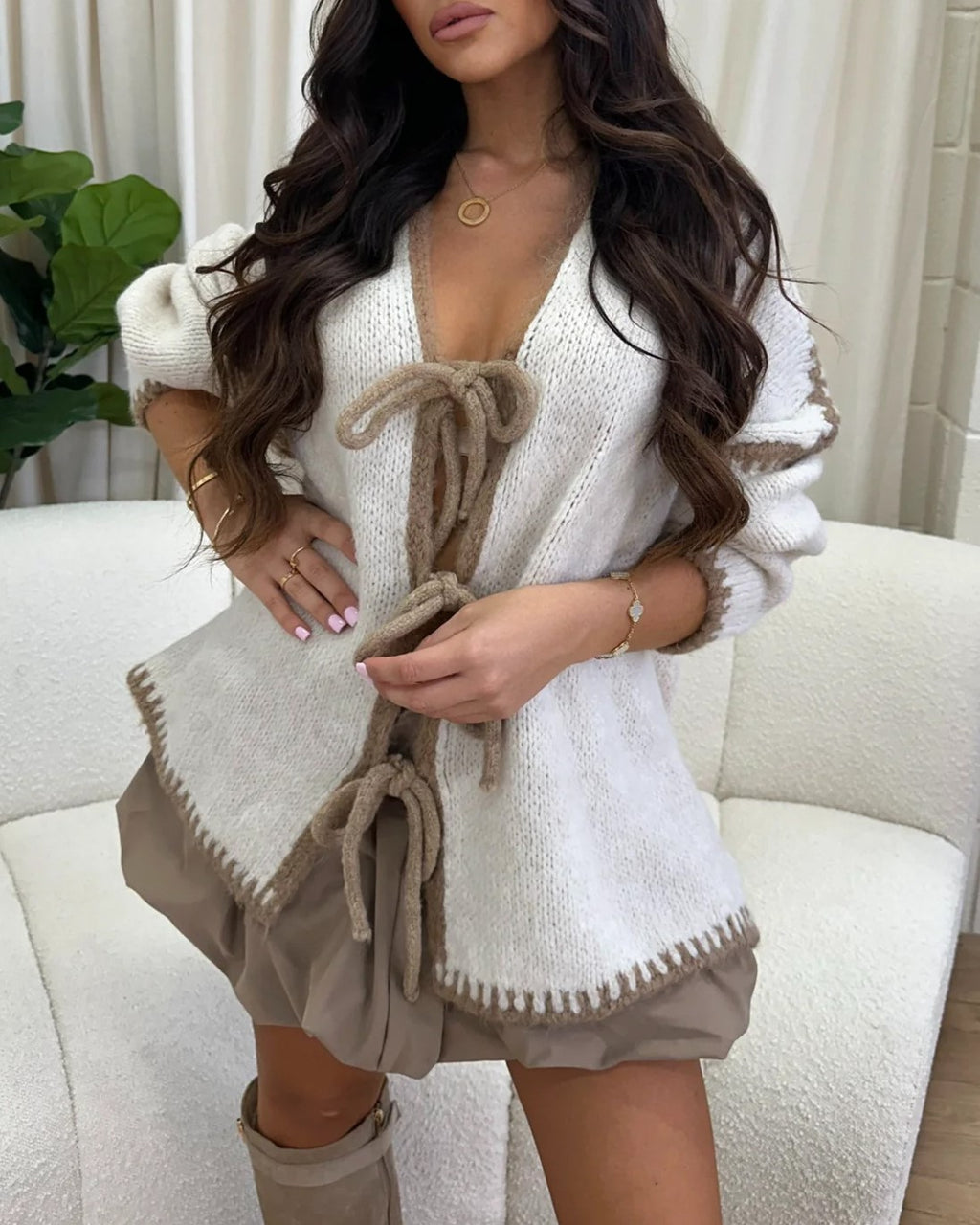 Contrast Trim Bow Tie Knit Cardigan - Apricot