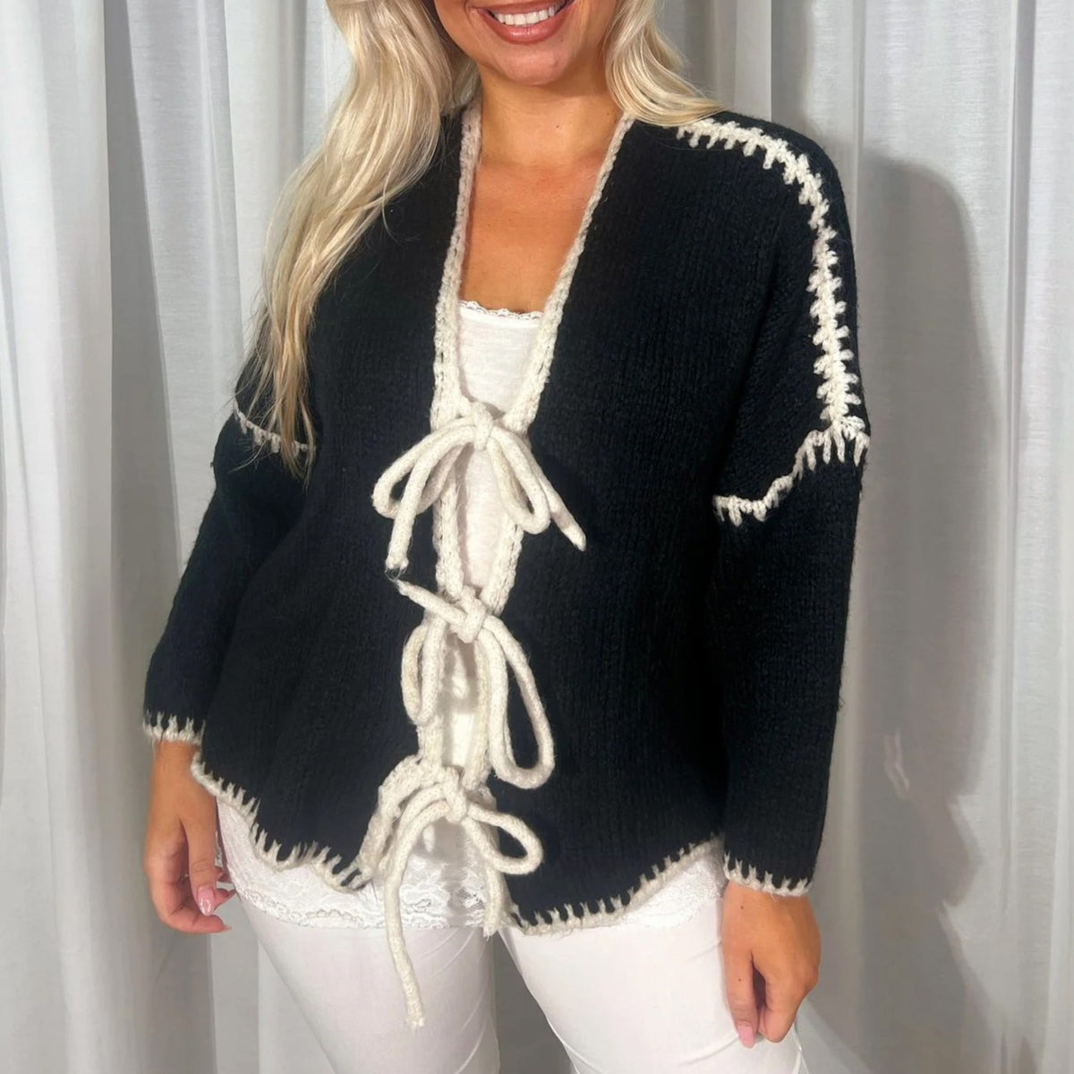 Contrast Trim Bow Tie Knit Cardigan - Black