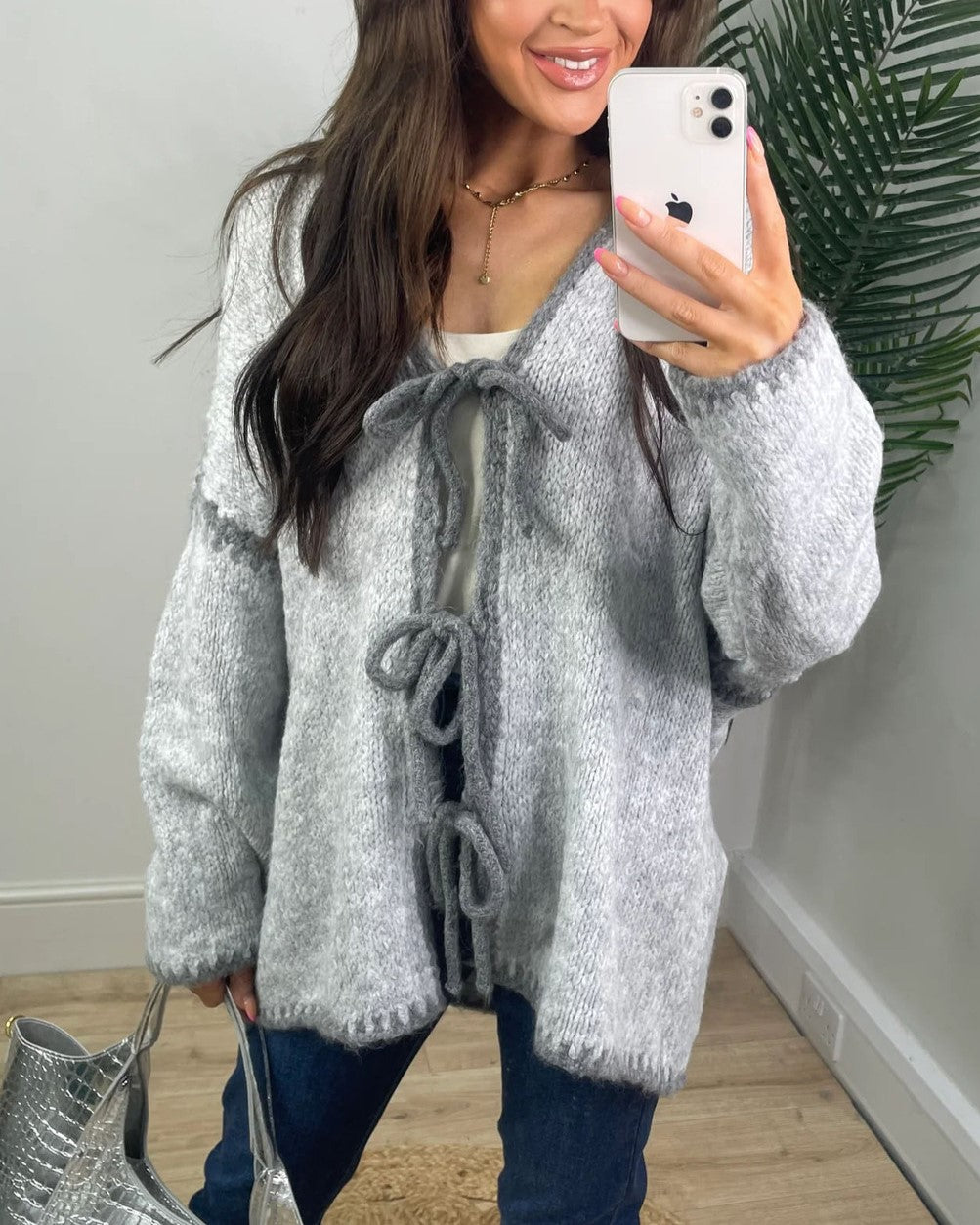 Contrast Trim Bow Tie Knit Cardigan - Grey