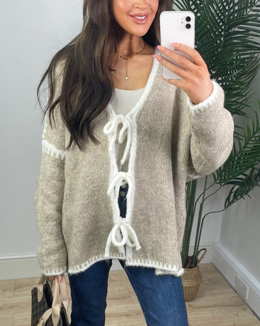 Contrast Trim Bow Tie Knit Cardigan - Khaki