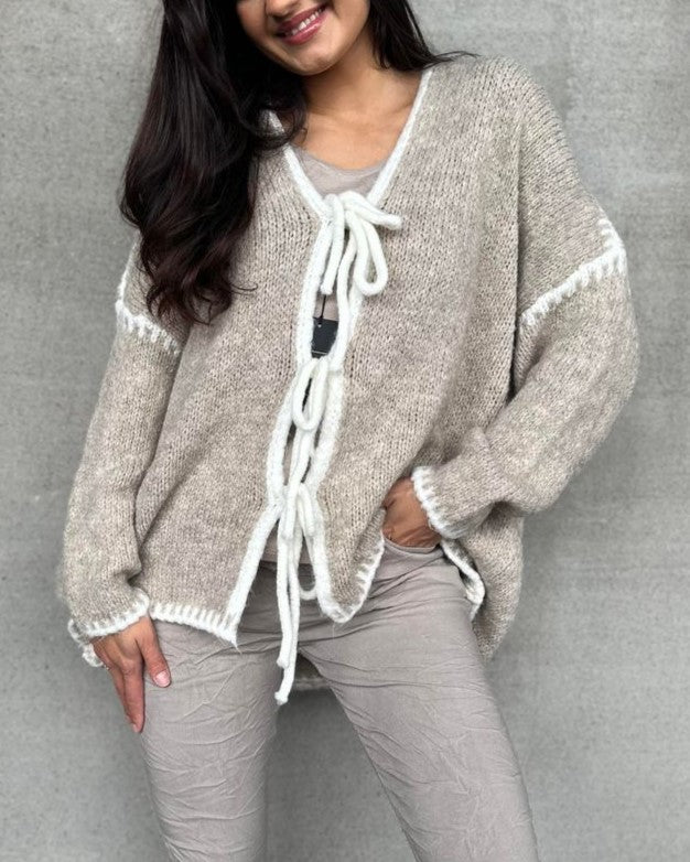 Contrast Trim Bow Tie Knit Cardigan - Khaki - 1