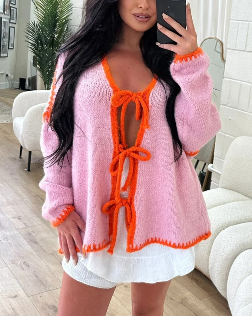 Contrast Trim Bow Tie Knit Cardigan - Orange