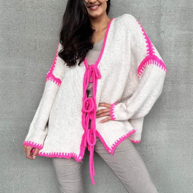 Contrast Trim Bow Tie Knit Cardigan - White