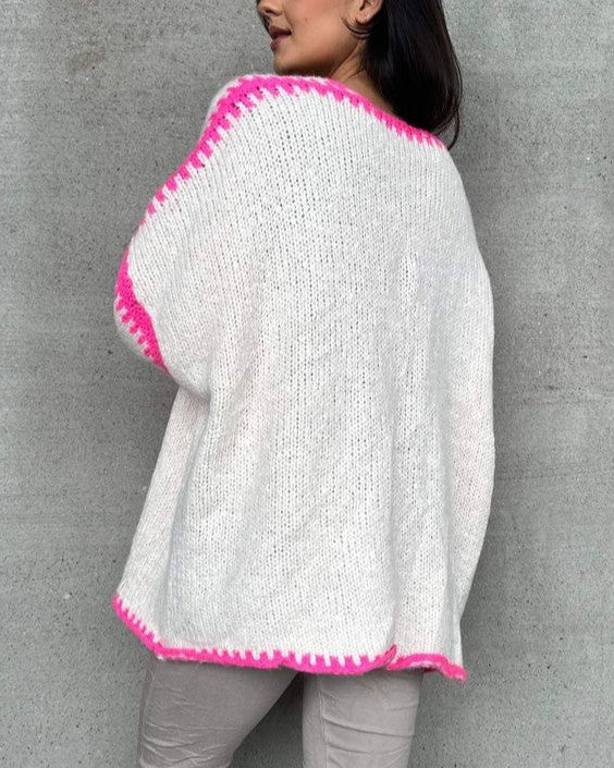 Contrast Trim Bow Tie Knit Cardigan - White - 1