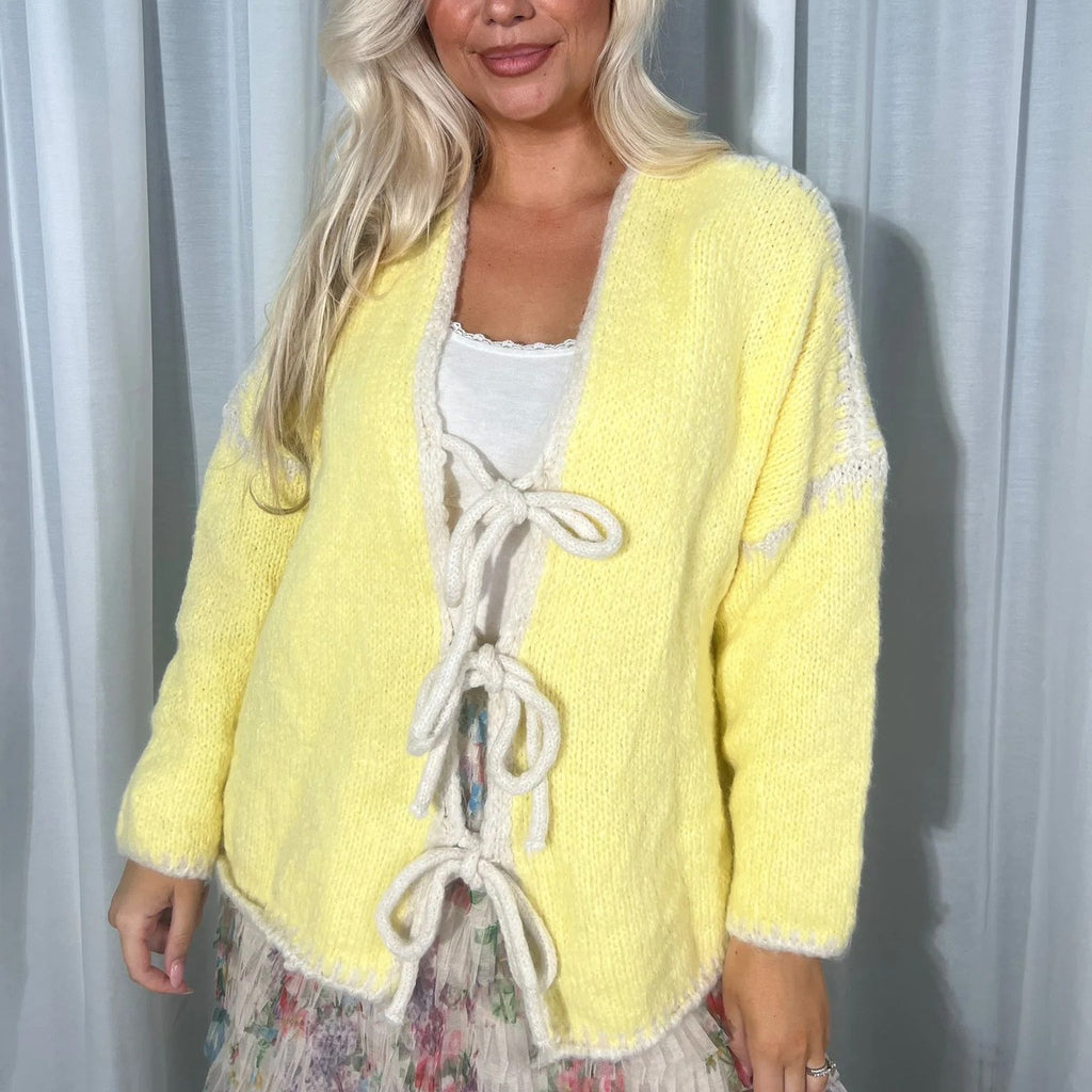 Contrast Trim Bow Tie Knit Cardigan - Yellow