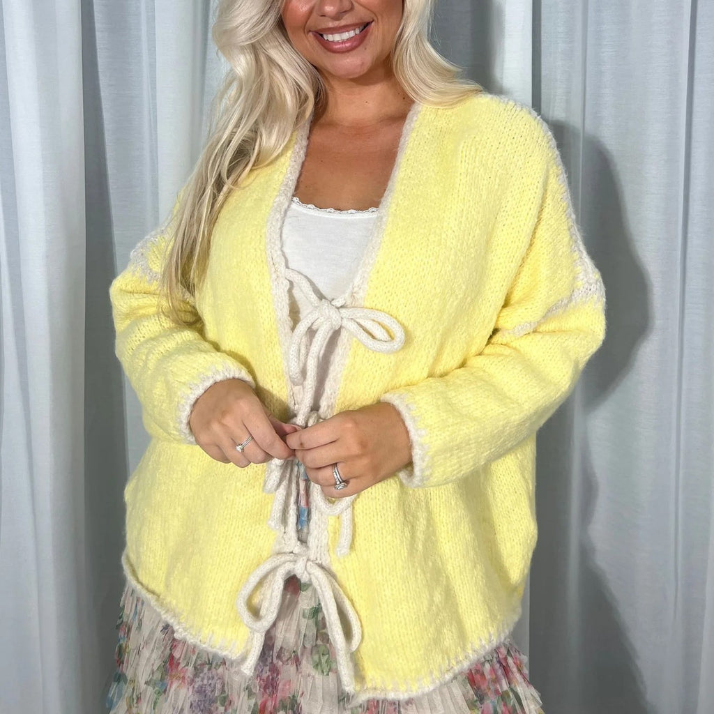 Contrast Trim Bow Tie Knit Cardigan - Yellow - 1