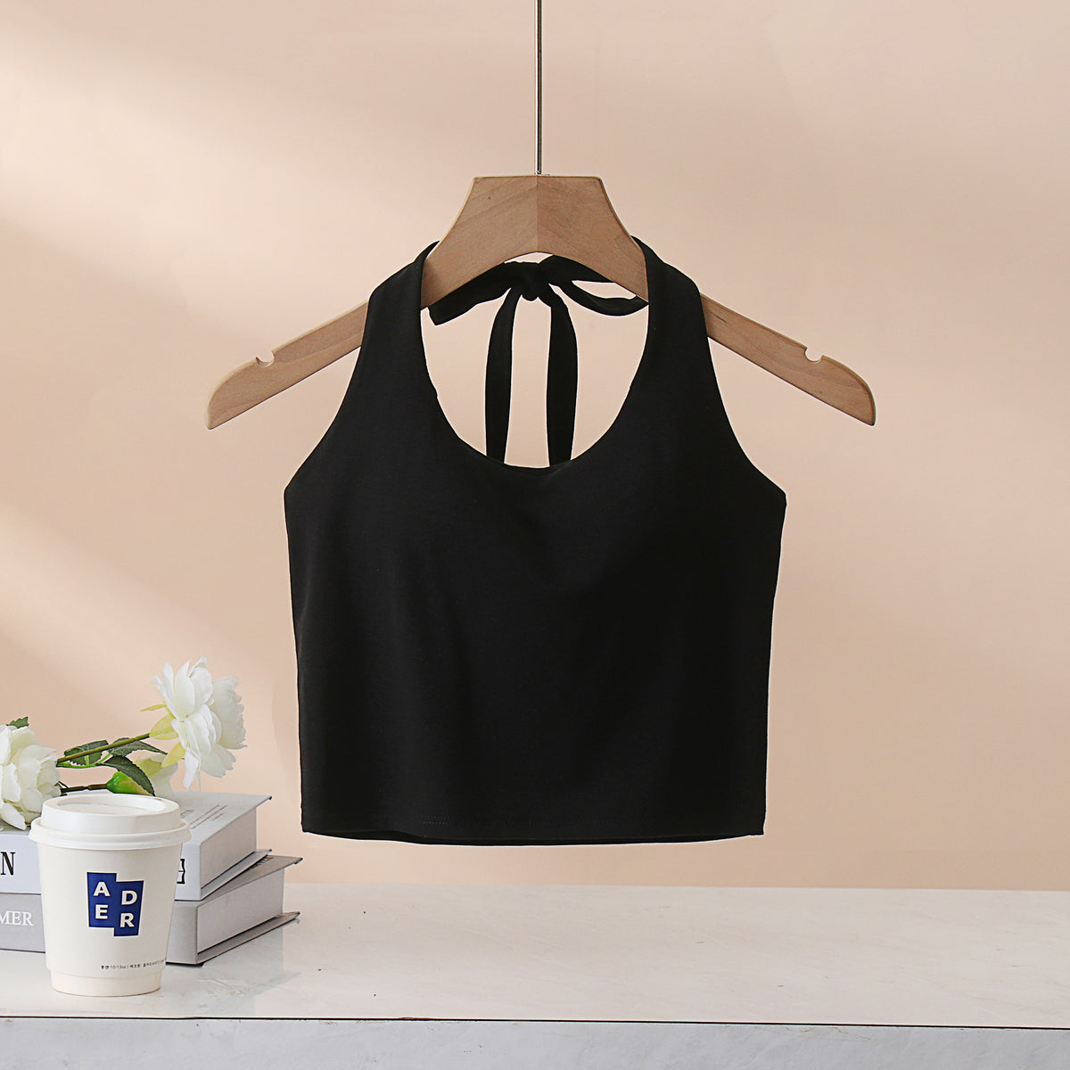 Tie Neck Backless Halter Crop Top - Black