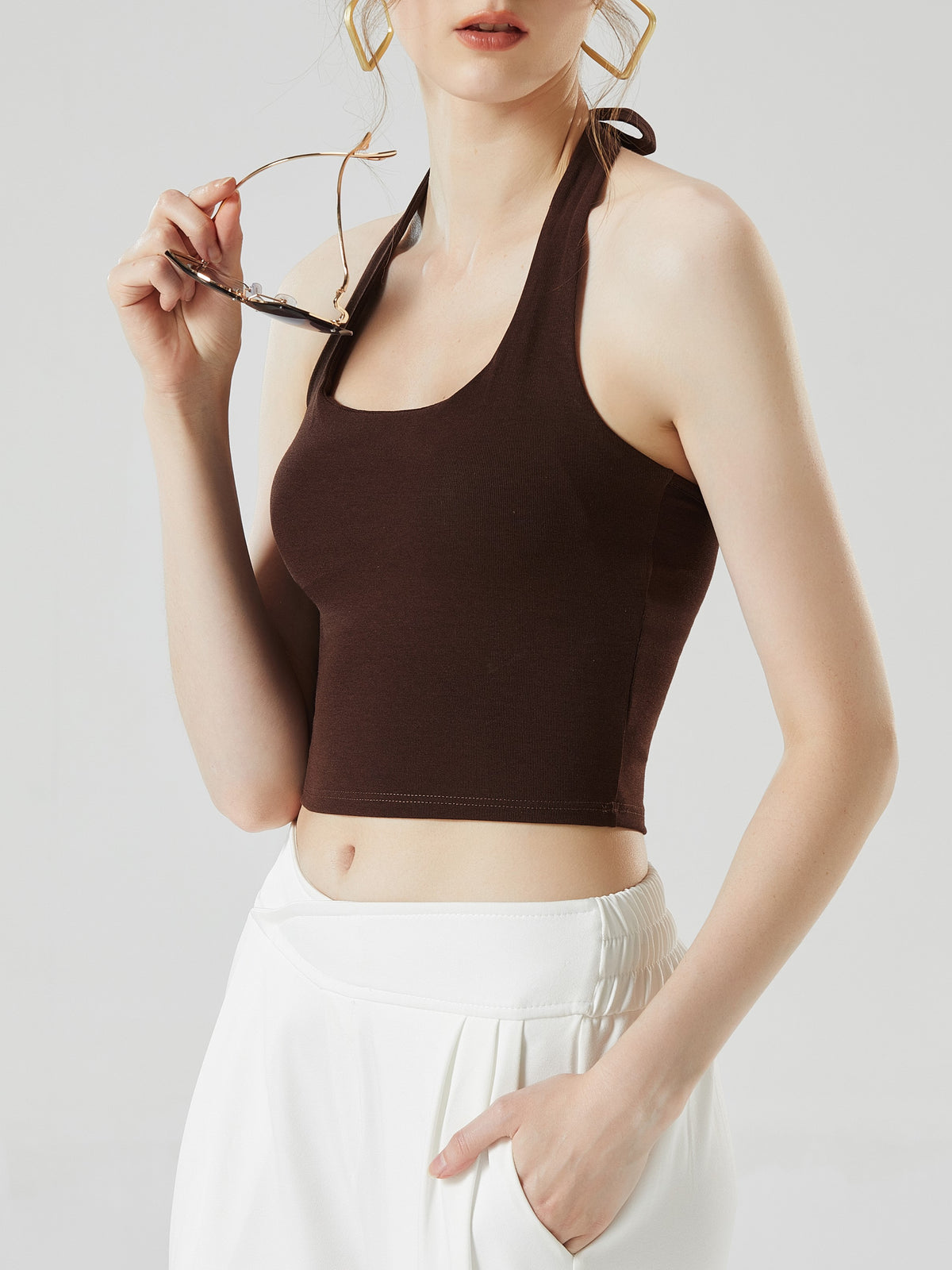 Tie Neck Backless Halter Crop Top - Coffee