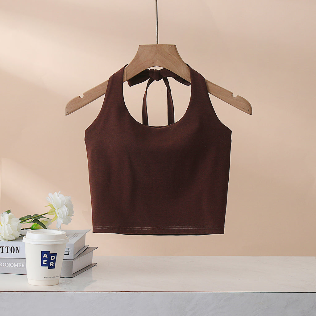 Tie Neck Backless Halter Crop Top - Coffee - 1