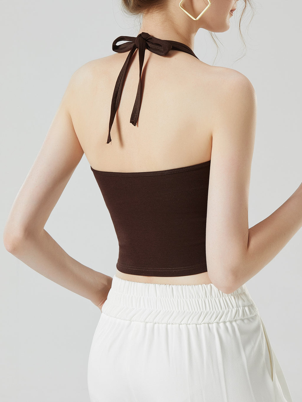 Tie Neck Backless Halter Crop Top - Coffee - 2