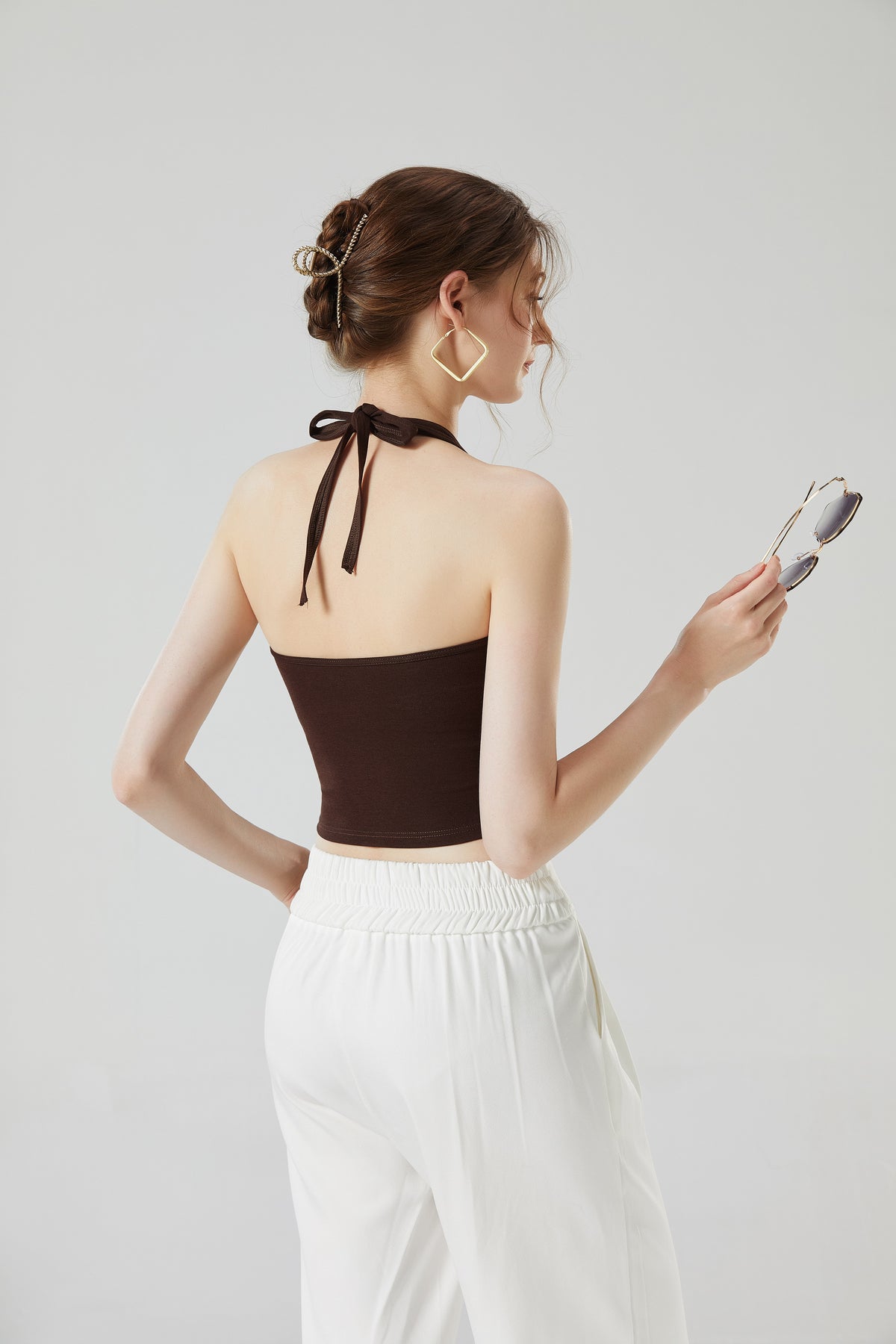 Tie Neck Backless Halter Crop Top - Coffee - 3