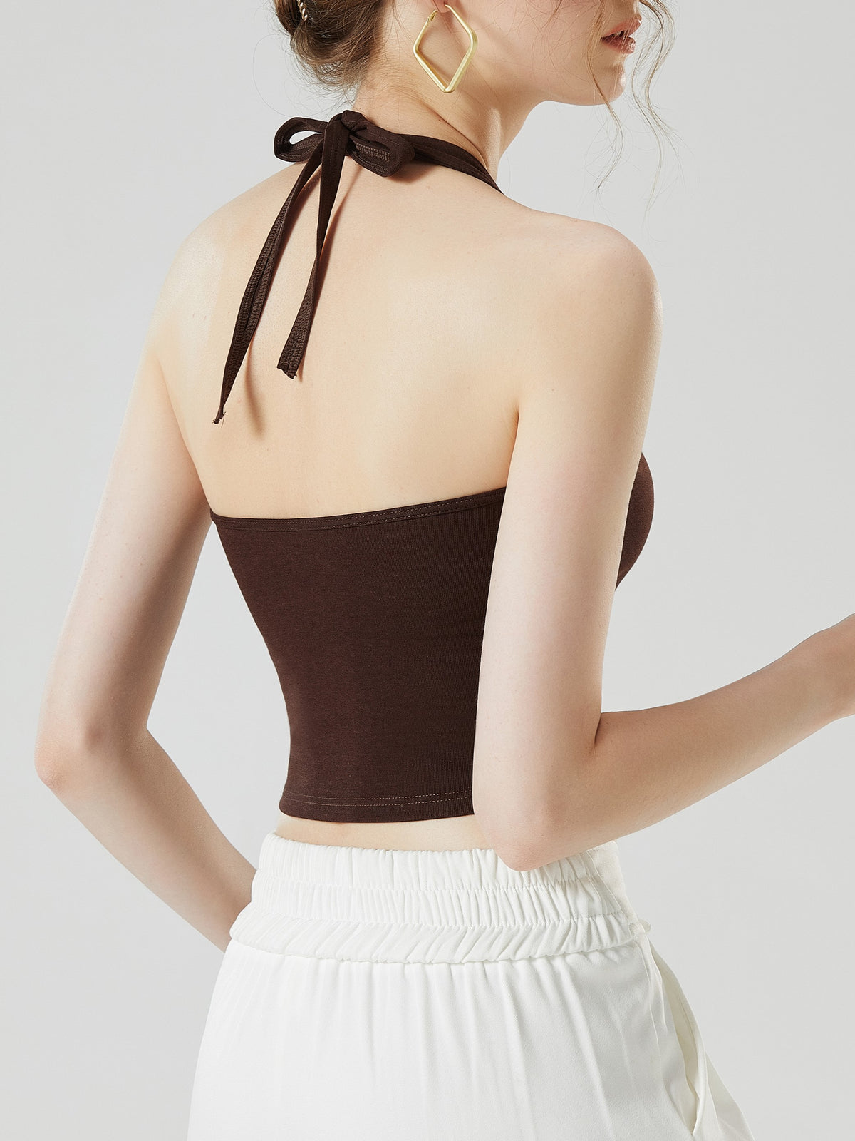 Tie Neck Backless Halter Crop Top - Coffee - 4