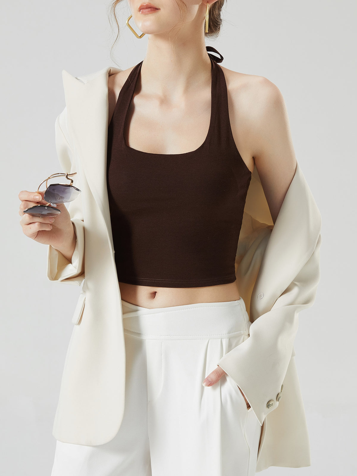 Tie Neck Backless Halter Crop Top - Coffee - 5