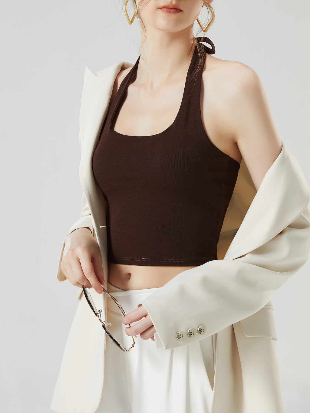 Tie Neck Backless Halter Crop Top - Coffee - 6