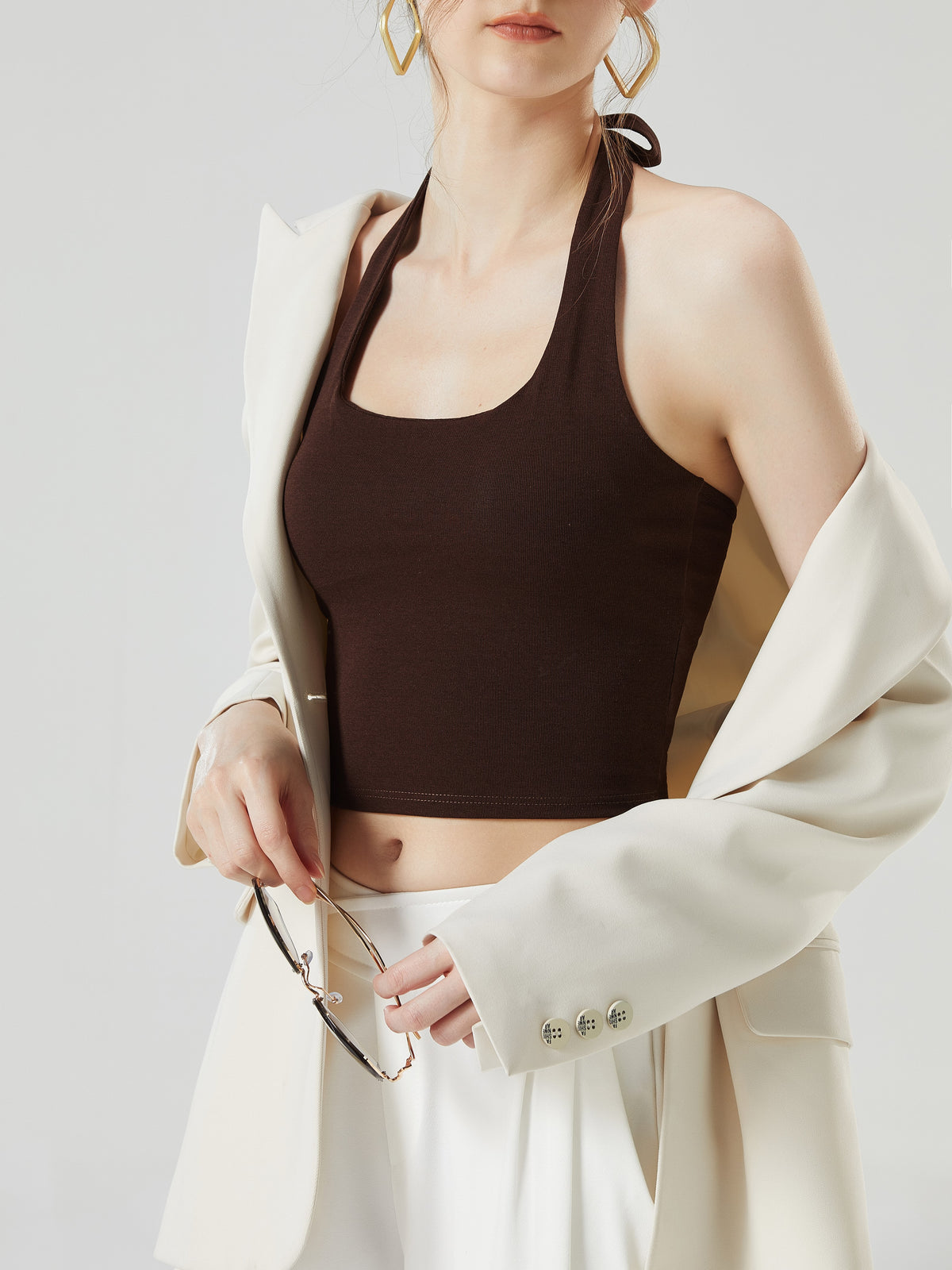 Tie Neck Backless Halter Crop Top - Coffee - 6