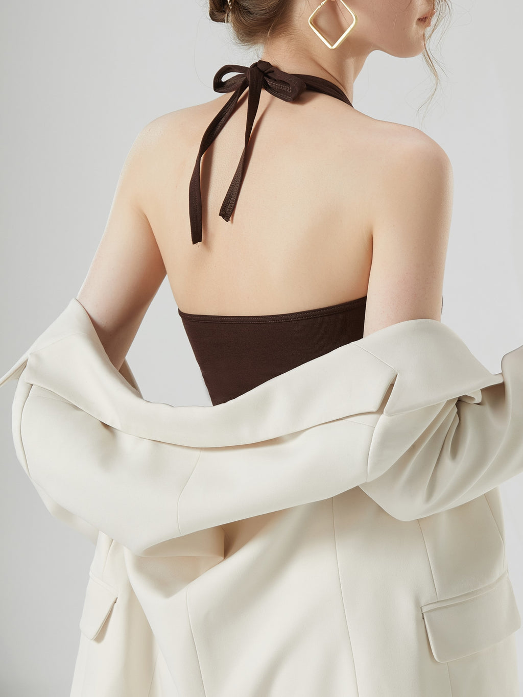 Tie Neck Backless Halter Crop Top - Coffee - 7