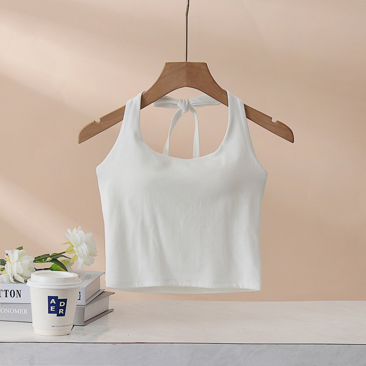 Tie Neck Backless Halter Crop Top - White