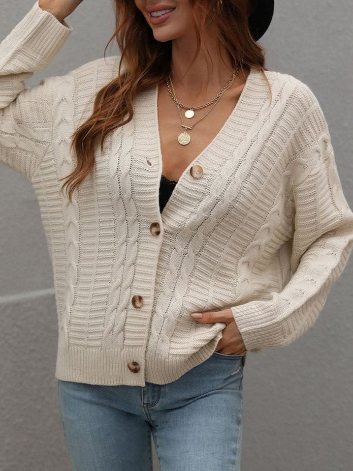 Textured Cable Knit Button Up V Neck Cardigan - Apricot - 1