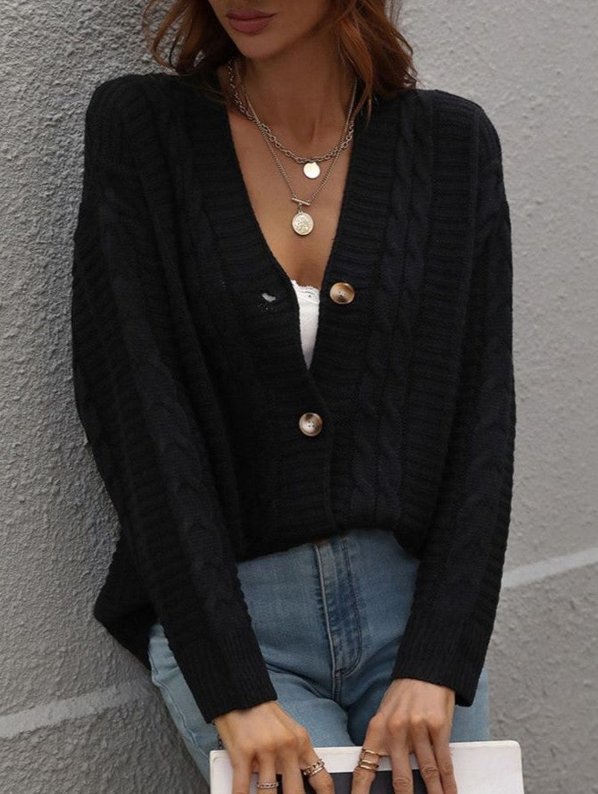 Textured Cable Knit Button Up V Neck Cardigan - Black