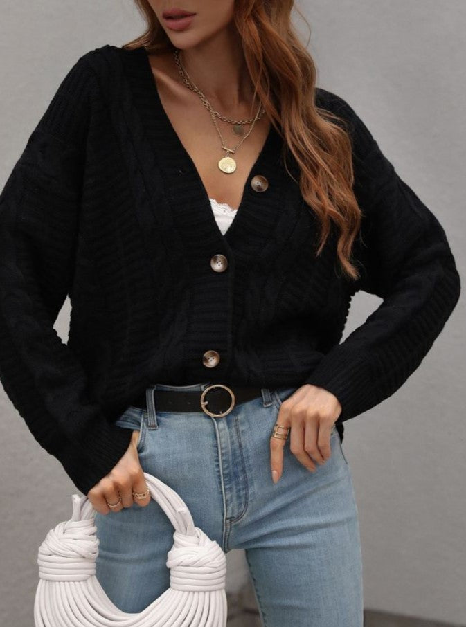 Textured Cable Knit Button Up V Neck Cardigan - Black - 2