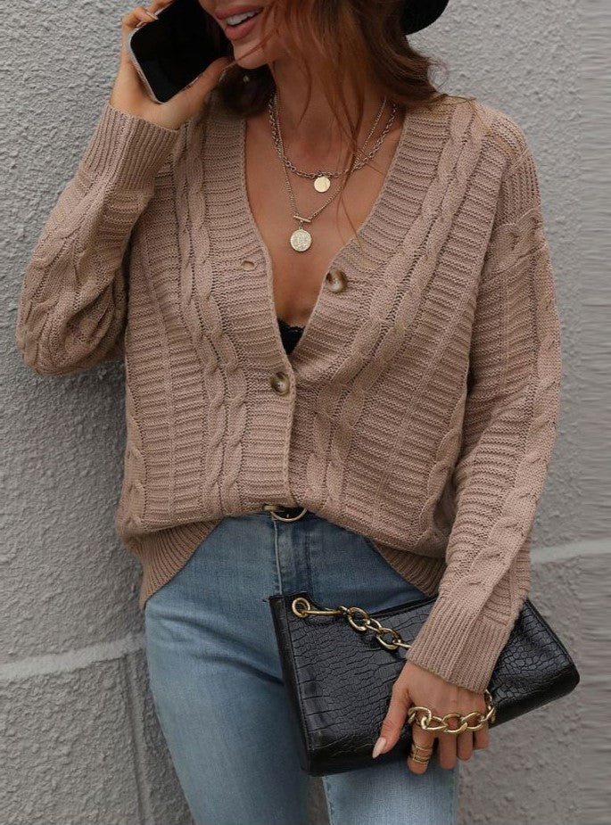 Textured Cable Knit Button Up V Neck Cardigan - Camel - 1