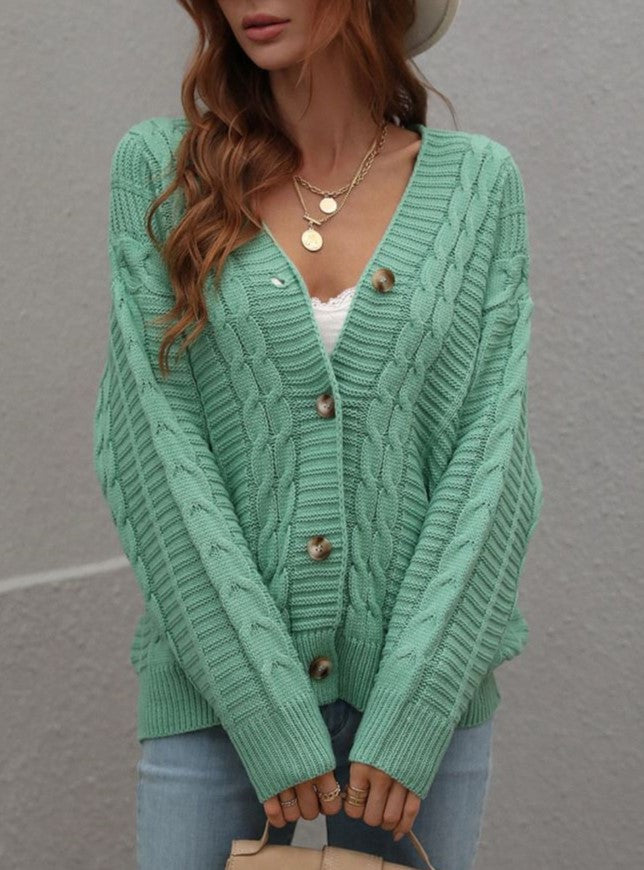 Textured Cable Knit Button Up V Neck Cardigan - Green - 2