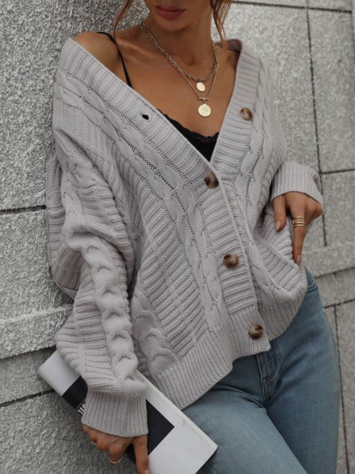 Textured Cable Knit Button Up V Neck Cardigan - Grey