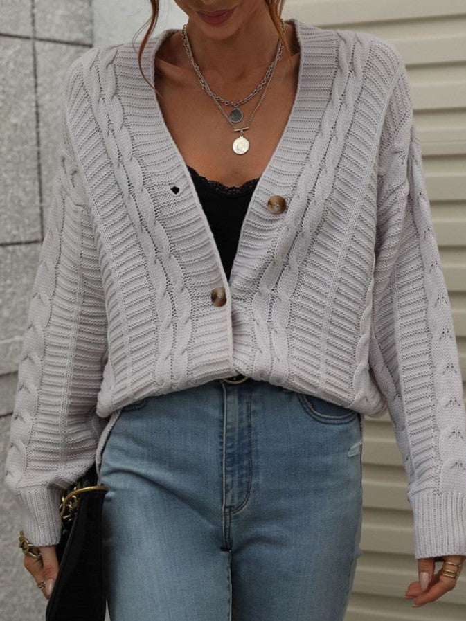 Textured Cable Knit Button Up V Neck Cardigan - Grey - 1