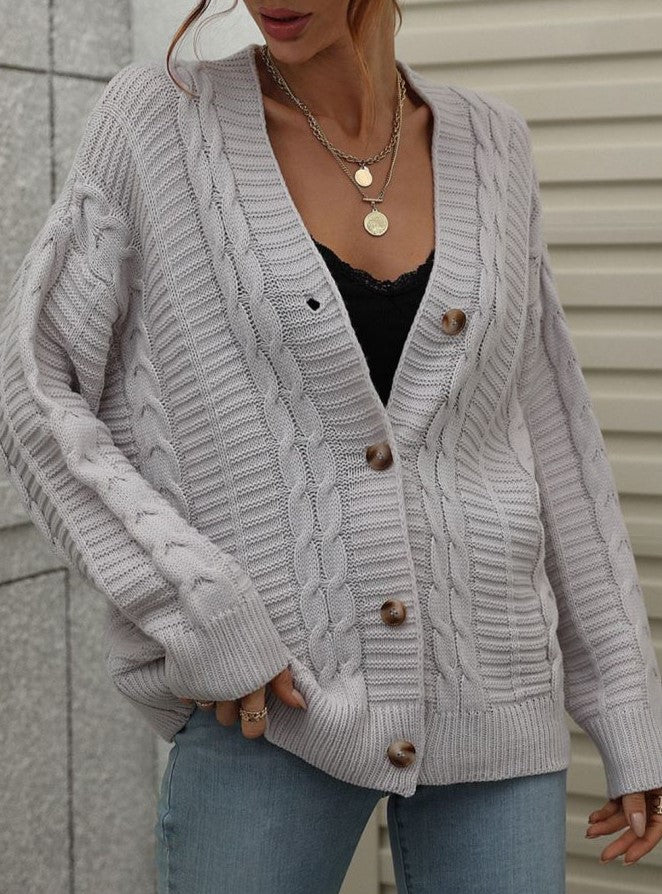 Textured Cable Knit Button Up V Neck Cardigan - Grey - 2