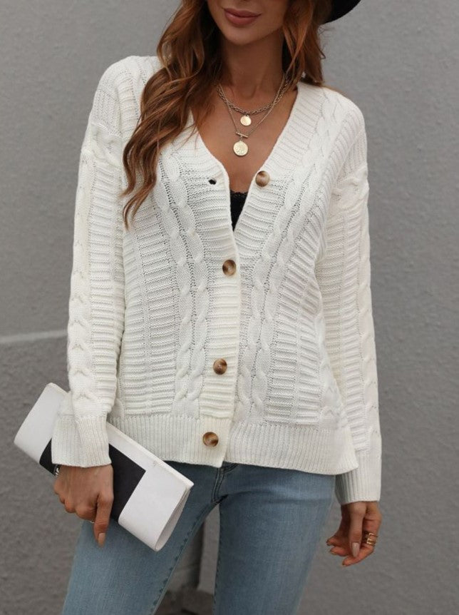 Textured Cable Knit Button Up V Neck Cardigan - White - 2