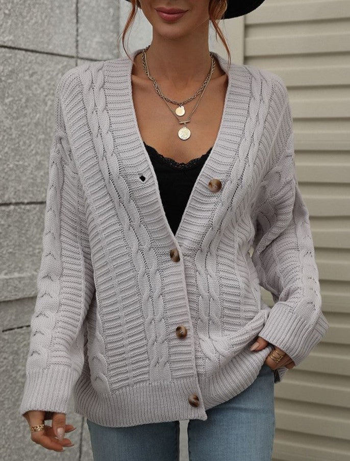 Textured Cable Knit Button Up V Neck Cardigan