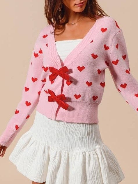Heart Jacquard Ribbon Bow Knit Cardigan - Pink - 1