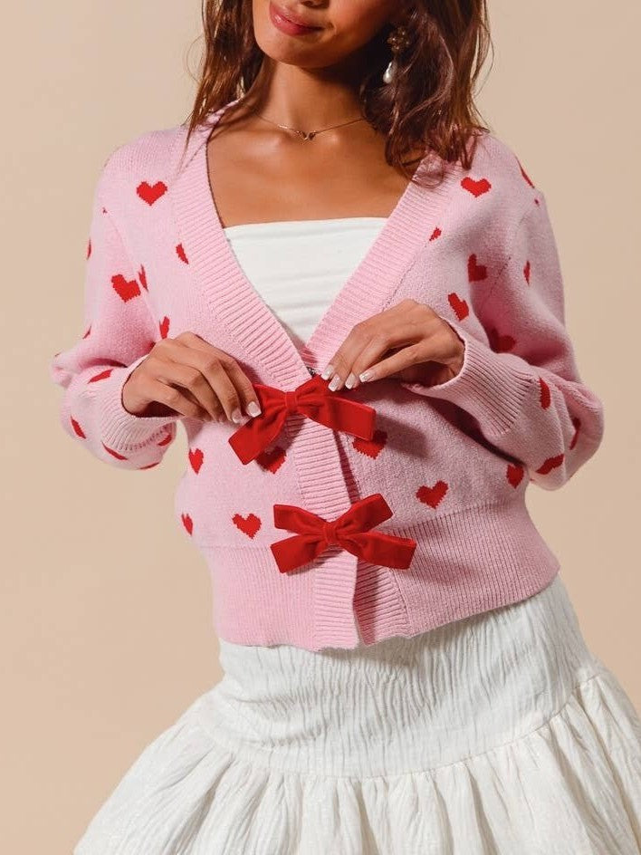 Heart Jacquard Ribbon Bow Knit Cardigan - Pink - 2