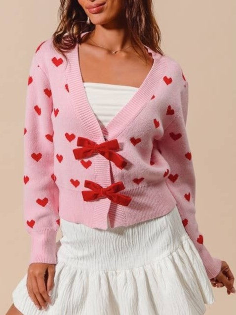 Heart Jacquard Ribbon Bow Knit Cardigan - Pink - 3