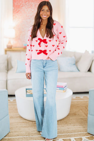 Heart Jacquard Ribbon Bow Knit Cardigan - Pink - 6